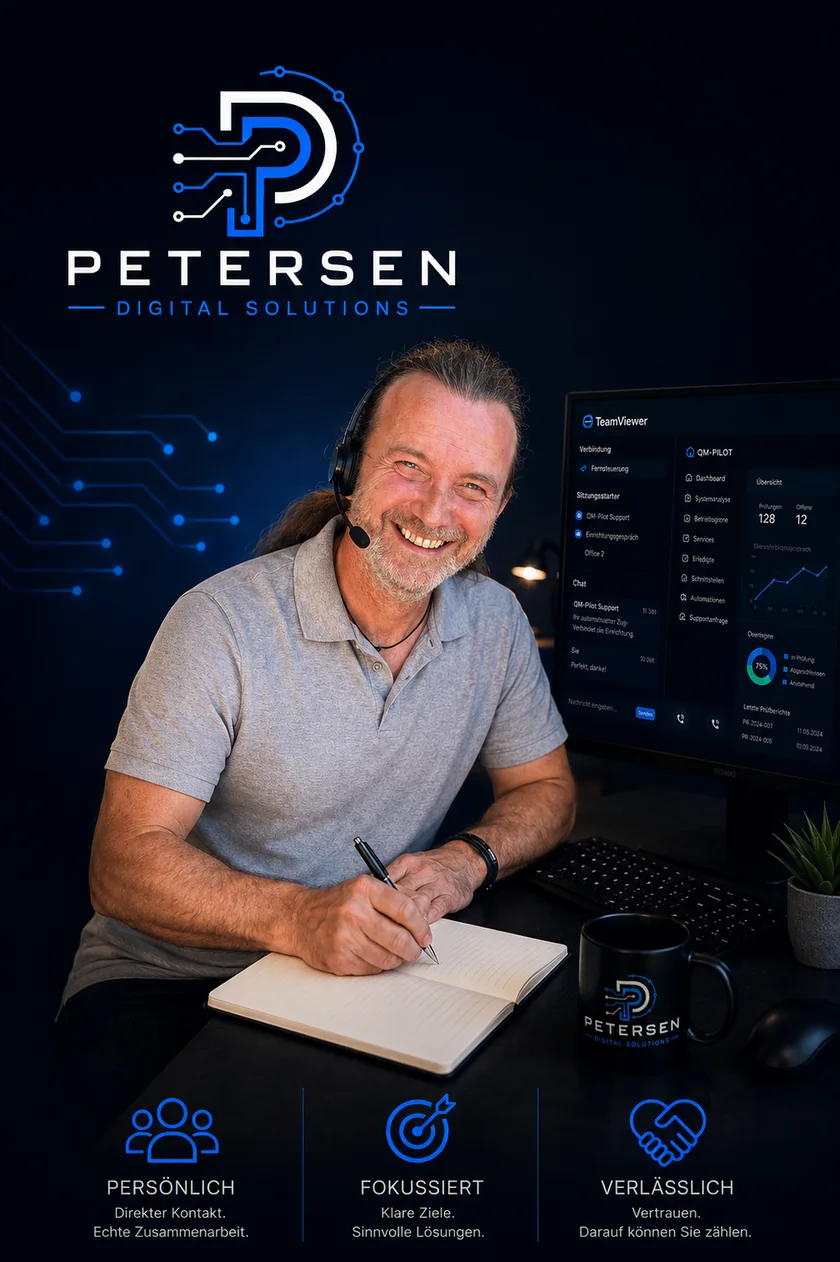 Carsten Petersen, Inhaber von Petersen Digital Solutions, mit Headset am Arbeitsplatz vor dem QM-Pilot-Dashboard