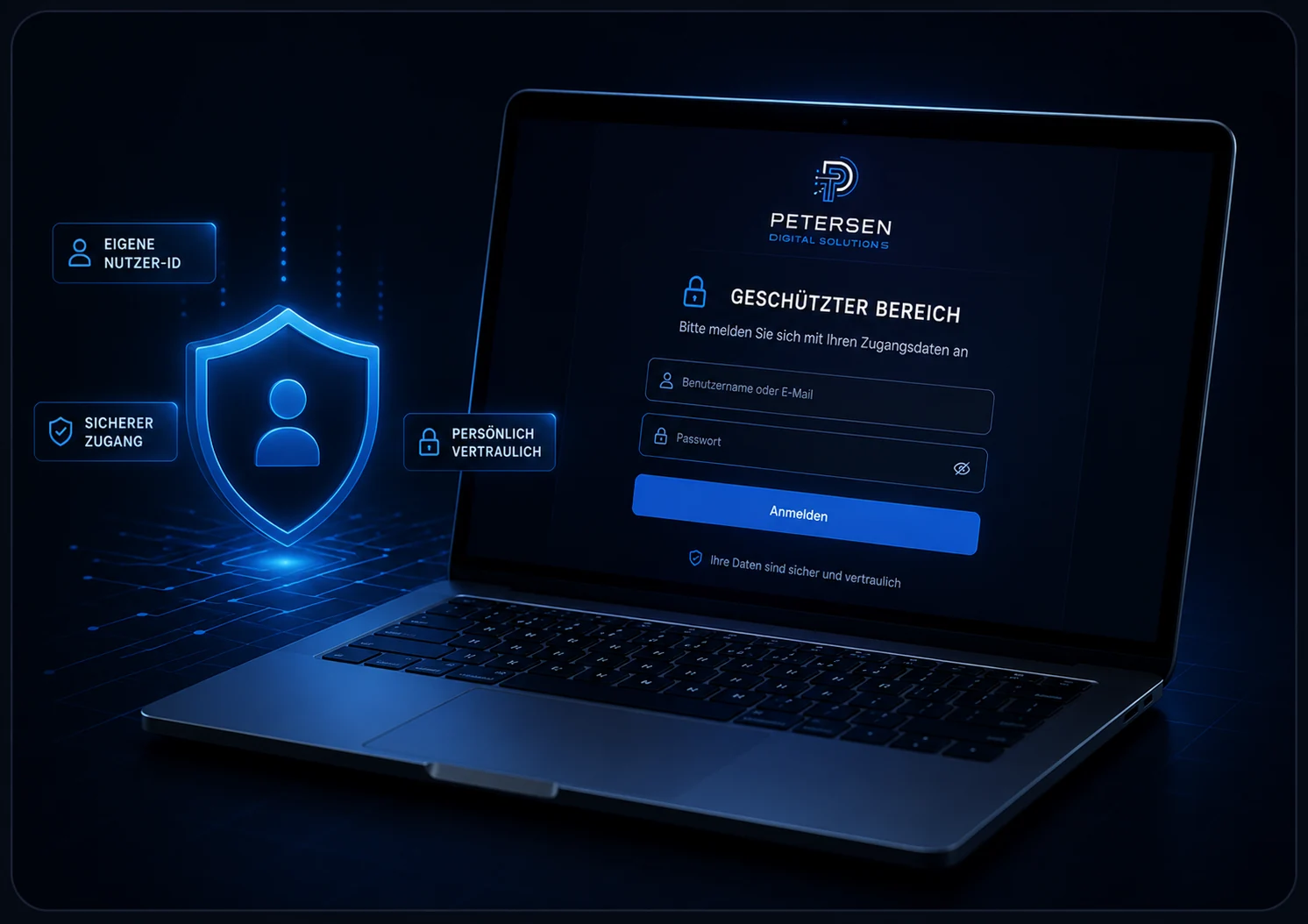 Laptop mit dem gebrandeten Login des geschützten Petersen-Digital-Solutions-Kundenbereichs, mit eigener Nutzer-ID, sicherem Zugang und persönlich-vertraulichem Zugriff