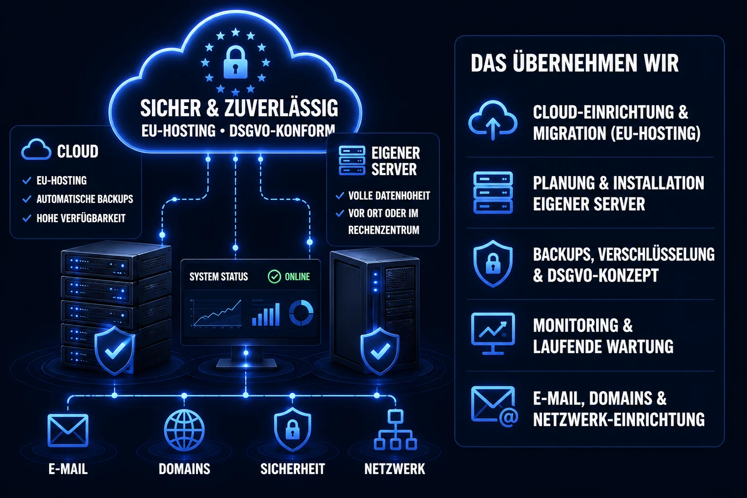 Cloud, Server und Hosting: sicheres EU-Hosting und DSGVO-konforme Infrastruktur mit Cloud und eigenem Server, inklusive Backups, Monitoring, E-Mail, Domains, Sicherheit und Netzwerk-Einrichtung