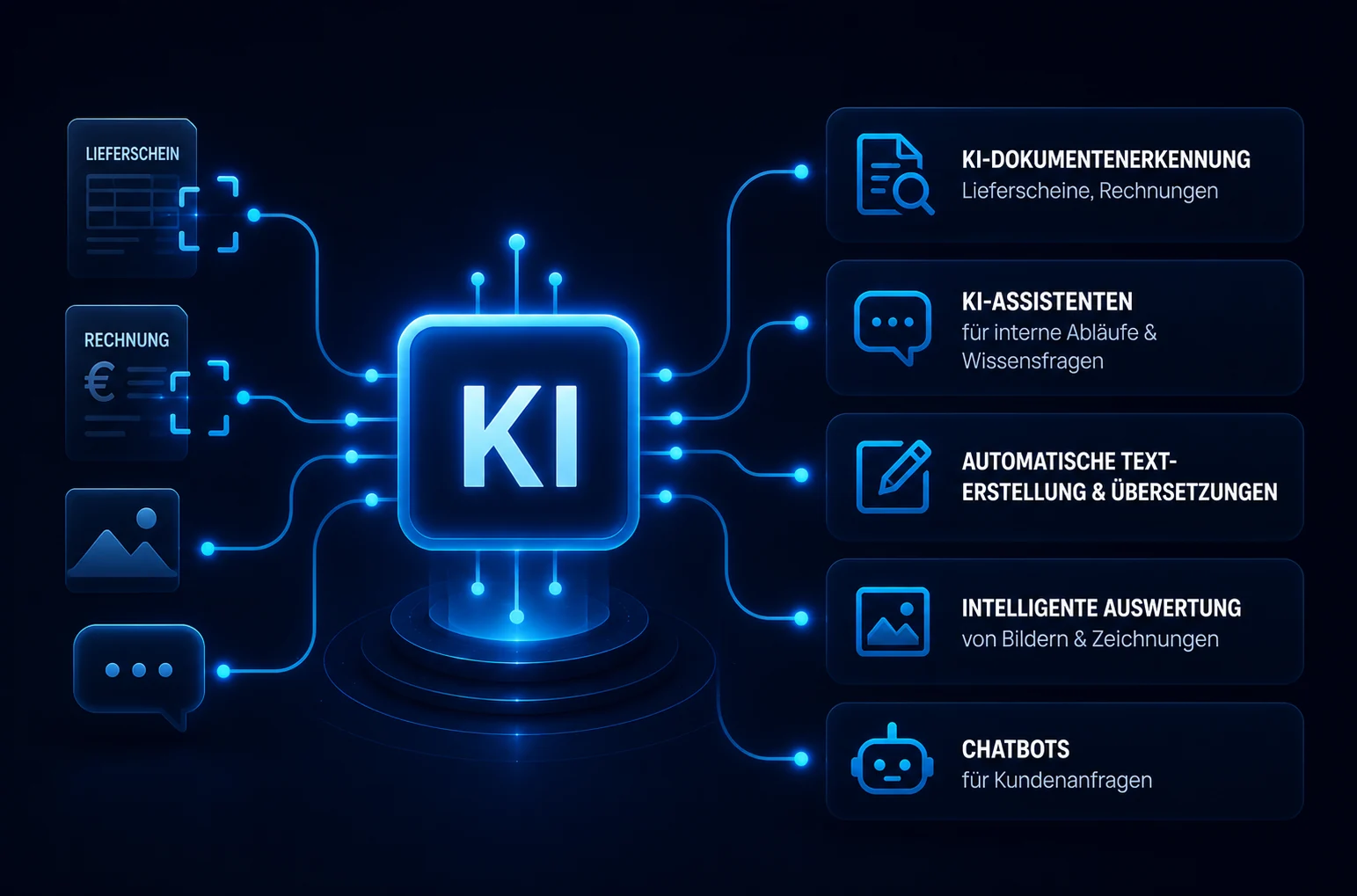 KI-Integration: ein KI-Chip erkennt Dokumente wie Lieferscheine und Rechnungen und bietet KI-Assistenten, automatische Texterstellung, Übersetzungen, Bildauswertung und Chatbots