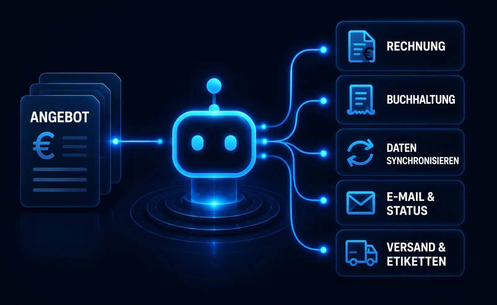 Prozessautomatisierung: ein Bot verarbeitet Angebote und Belege und erzeugt automatisch Rechnung, Buchhaltung, Datensynchronisation, E-Mail-Status und Versandetiketten