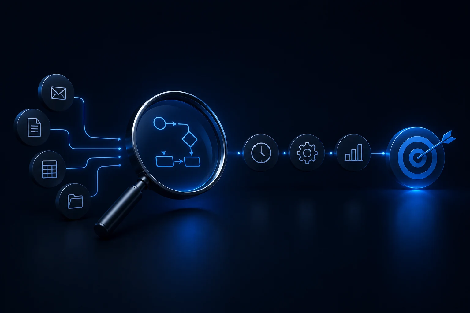 Lupe untersucht einen Prozessablauf, der über Messung, Optimierung und Auswertung zu einem klaren Ziel führt