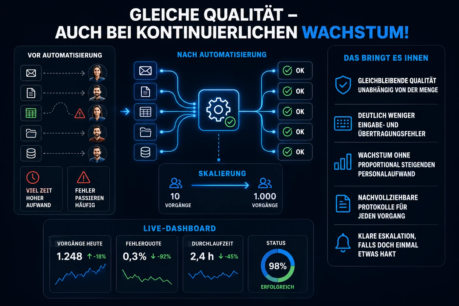 Infografik: gleichbleibende Qualität auch bei kontinuierlichem Wachstum, mit Vergleich vor und nach der Automatisierung, Skalierung von 10 auf 1.000 Vorgänge und Live-Dashboard mit Kennzahlen