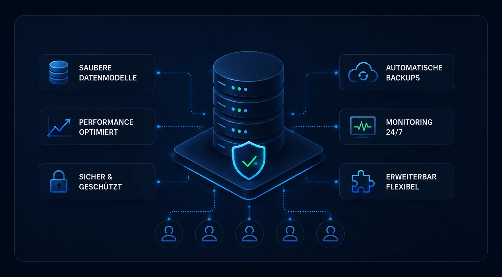 Infografik zur skalierbaren Datenbank-Architektur: saubere Datenmodelle, optimierte Performance, Sicherheit, automatische Backups, Monitoring rund um die Uhr und flexible Erweiterbarkeit