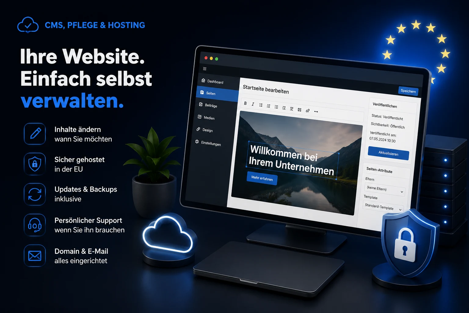 Infografik: Website einfach selbst verwalten mit CMS, sicher in der EU gehostet, inklusive Updates, Backups, persönlichem Support sowie Domain und E-Mail
