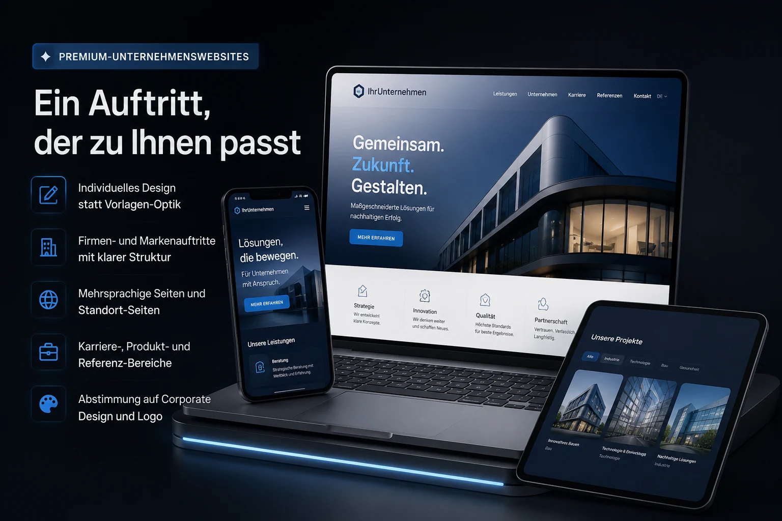Infografik zu Premium-Unternehmenswebsites: individuelles Design, klare Marken- und Firmenauftritte, mehrsprachige Seiten und Referenzbereiche, gezeigt auf Laptop, Smartphone und Tablet