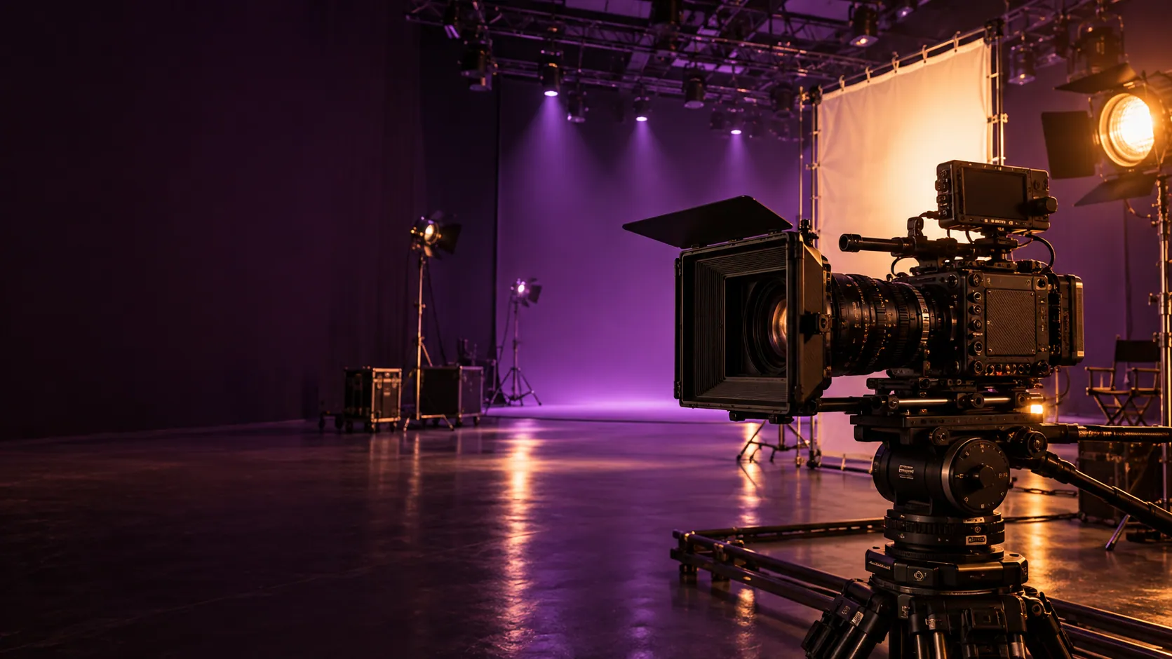 Kinokamera im violett und warm beleuchteten Filmstudio – Content Creators Agency