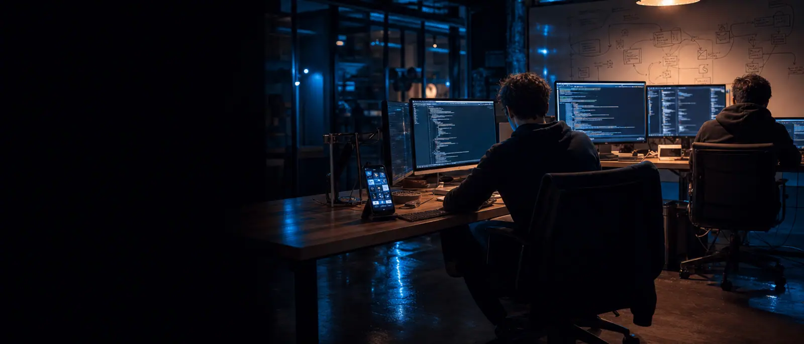 Leitstand mit Individualsoftware auf Großbildschirmen, Auftragsliste auf dem Smartphone — Softwareentwicklung NRW