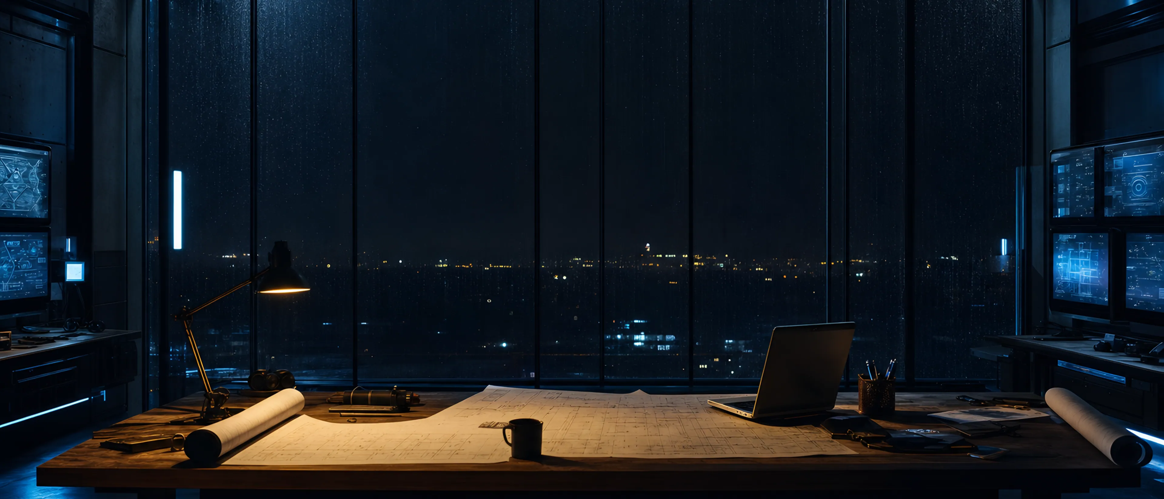 Blaupause einer Glasplattform über der Licht-Skyline von Lüdenscheid — Digitalagentur Petersen Digital Solutions