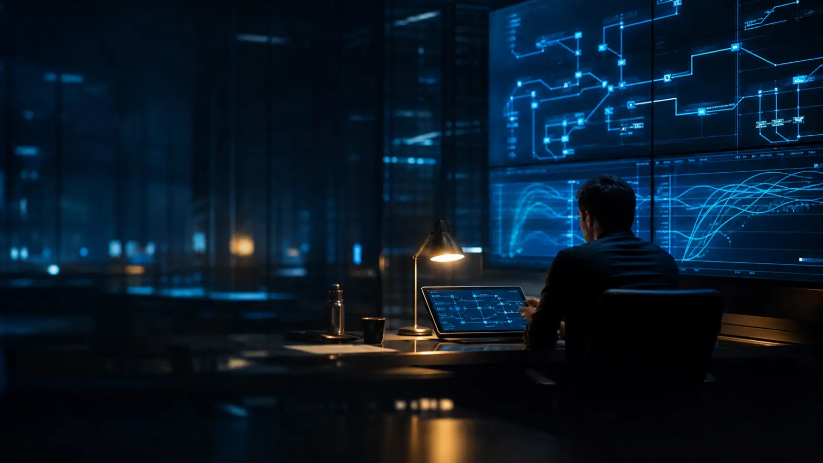 Leitstand mit Workflow-Diagrammen und Automatisierungs-Dashboard — Individualsoftware und Prozessautomatisierung