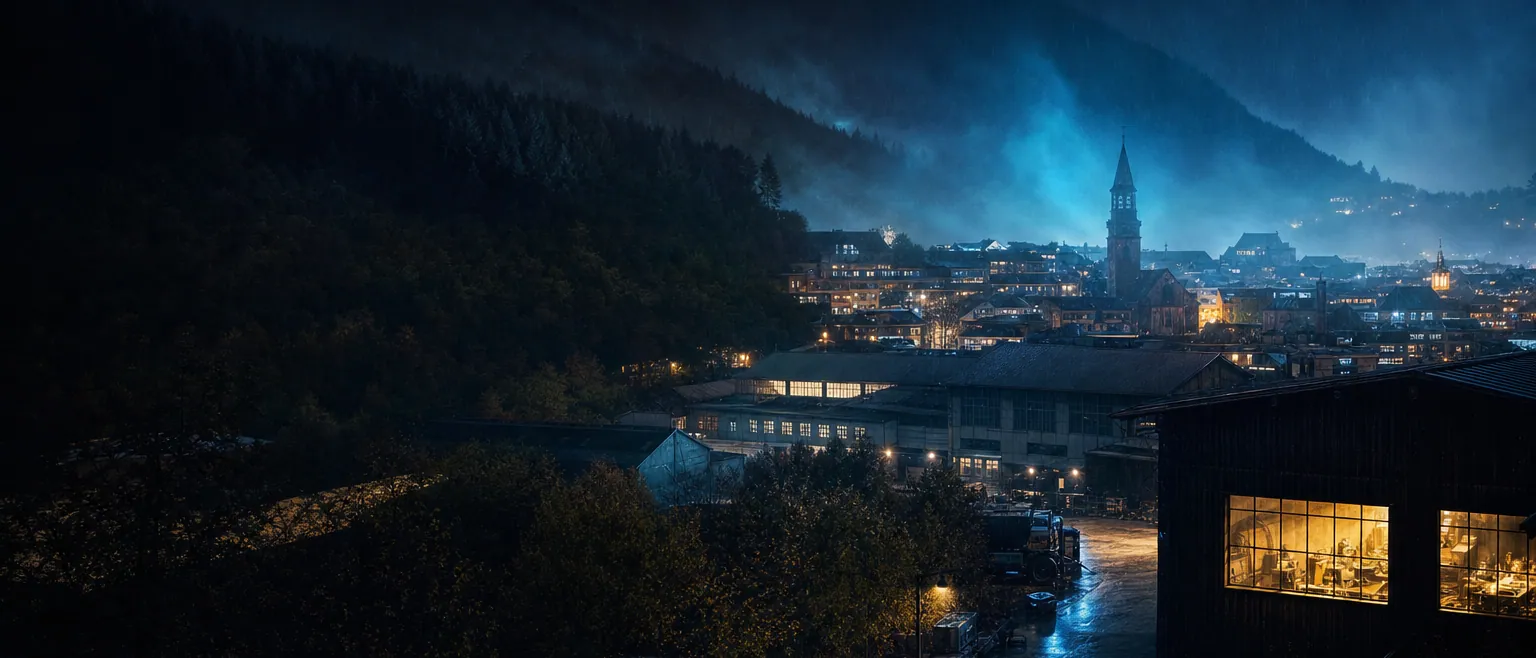 Lüdenscheid bei Nacht mit Blick über das Sauerland — familiengeführte Digitalagentur Petersen Digital Solutions