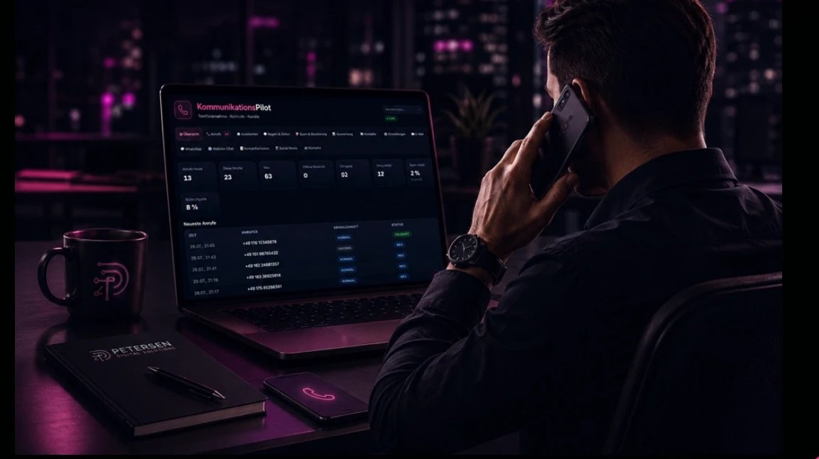 KommunikationsPilot-Dashboard: Mitarbeiter am Telefon vor einem Laptop mit Anruf-Übersicht — Anrufe heute, offene Rückrufe, Dringlichkeits-Ampel und Liste der letzten Anrufe.
