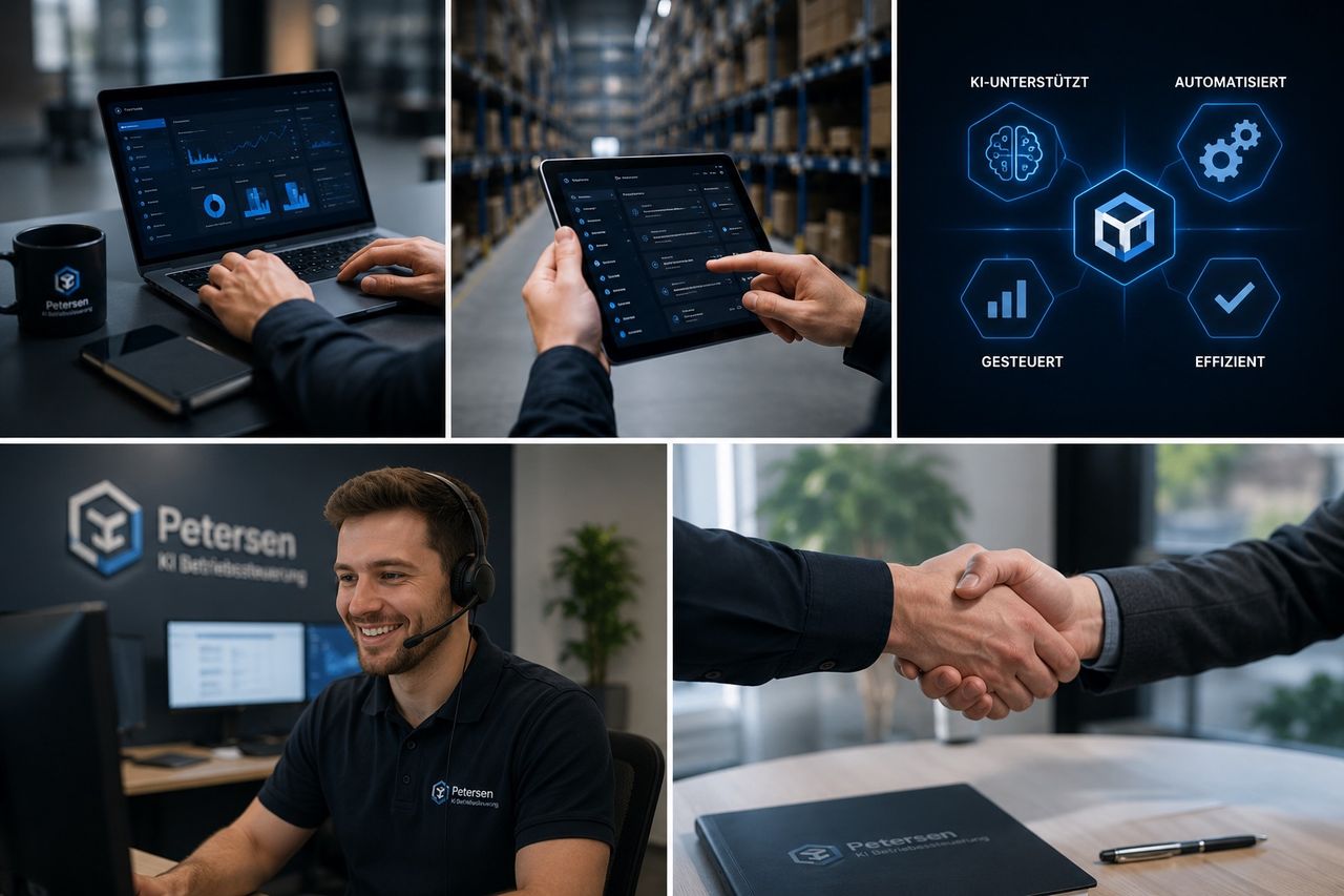 Persönlicher Petersen-KI-Support: Mitarbeiter mit Headset, Beratung und System-Übersicht