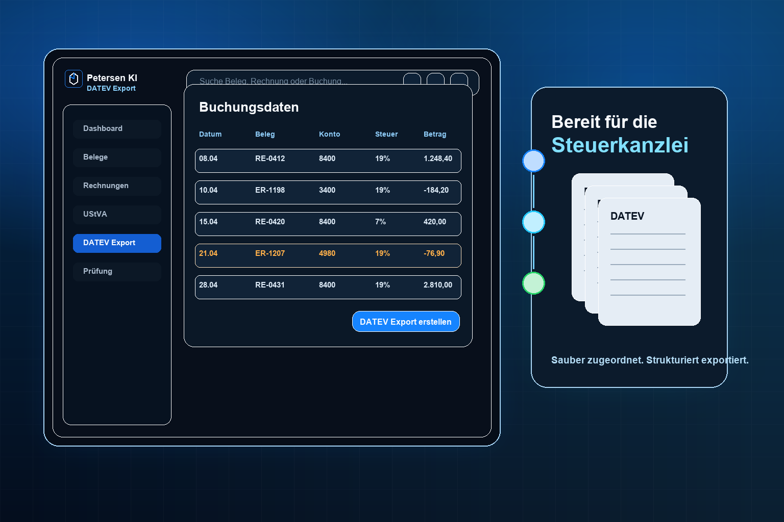 SteuerPilot DATEV-Export mit strukturierten Buchungsdaten für die Steuerkanzlei