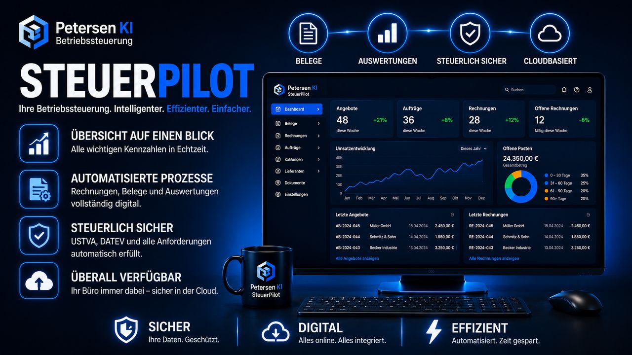SteuerPilot Dashboard: KI-gestützte Steuerverwaltung mit Belegen, Umsatzsteuer und DATEV-Export