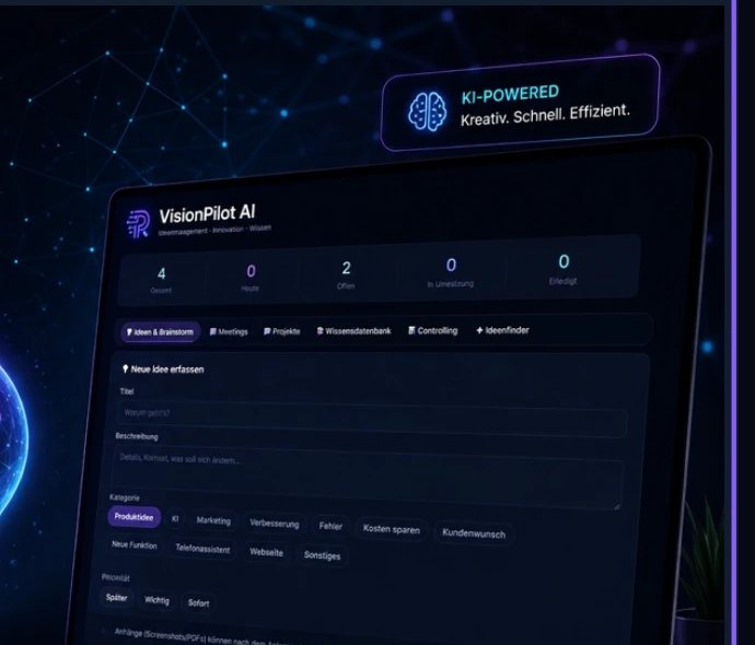 VisionPilot-AI-Dashboard: Ideen-Übersicht mit Zählern für erfasste, offene und umgesetzte Ideen, Tabs für Brainstorm, Meetings, Projekte, Wissensdatenbank und Controlling.