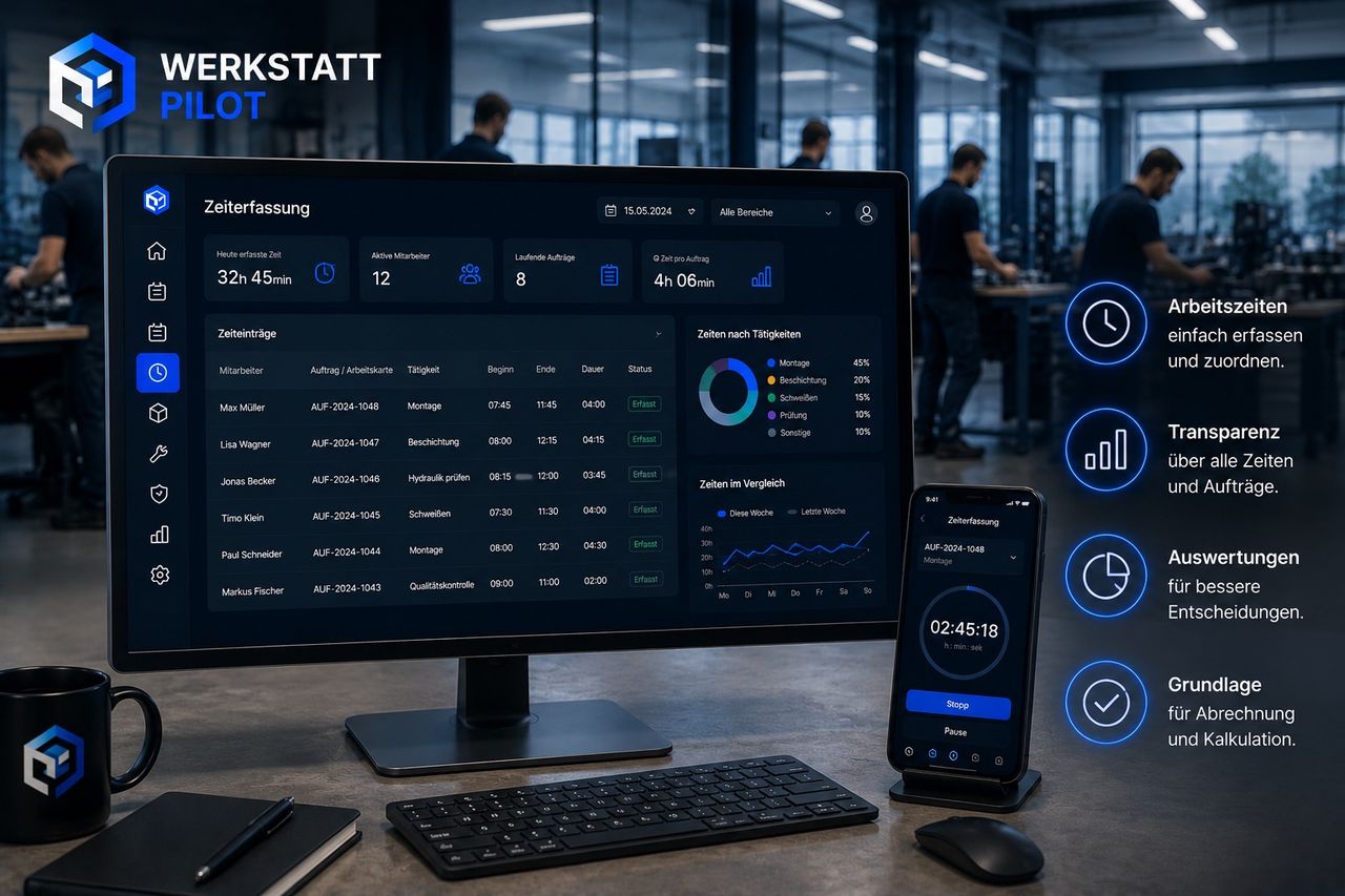 Digitale Zeiterfassung für Werkstattmitarbeiter im WerkstattPilot