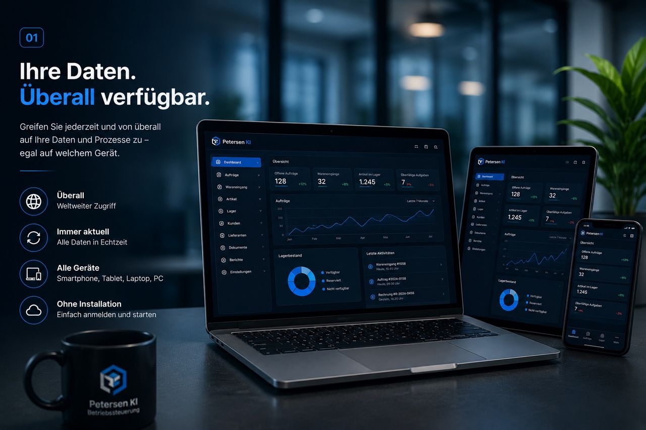 Cloud-Zugriff auf die Betriebssteuerung von Laptop, Tablet und Smartphone