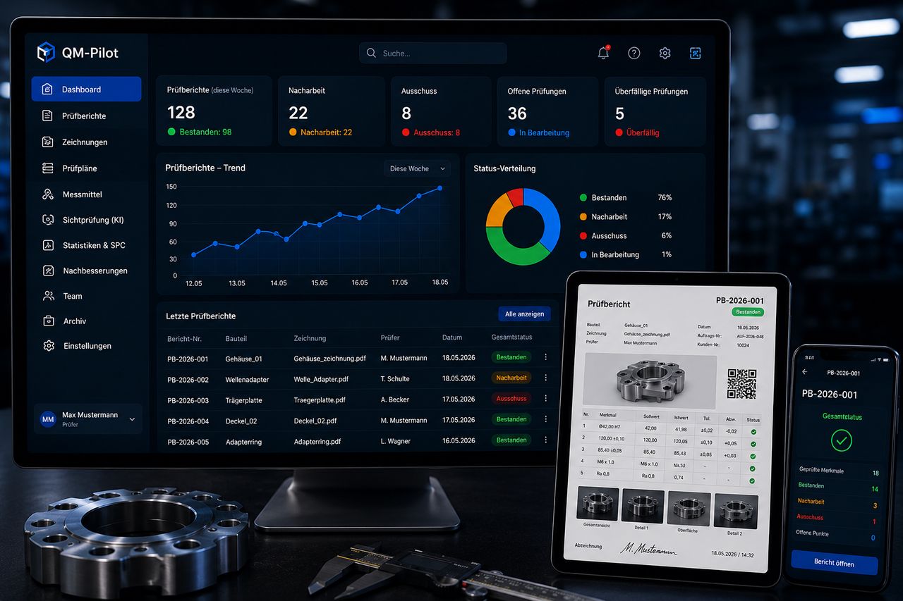 QM-Pilot Prüfbericht Dashboard mit Live-Ampelsystem für Toleranzstatus