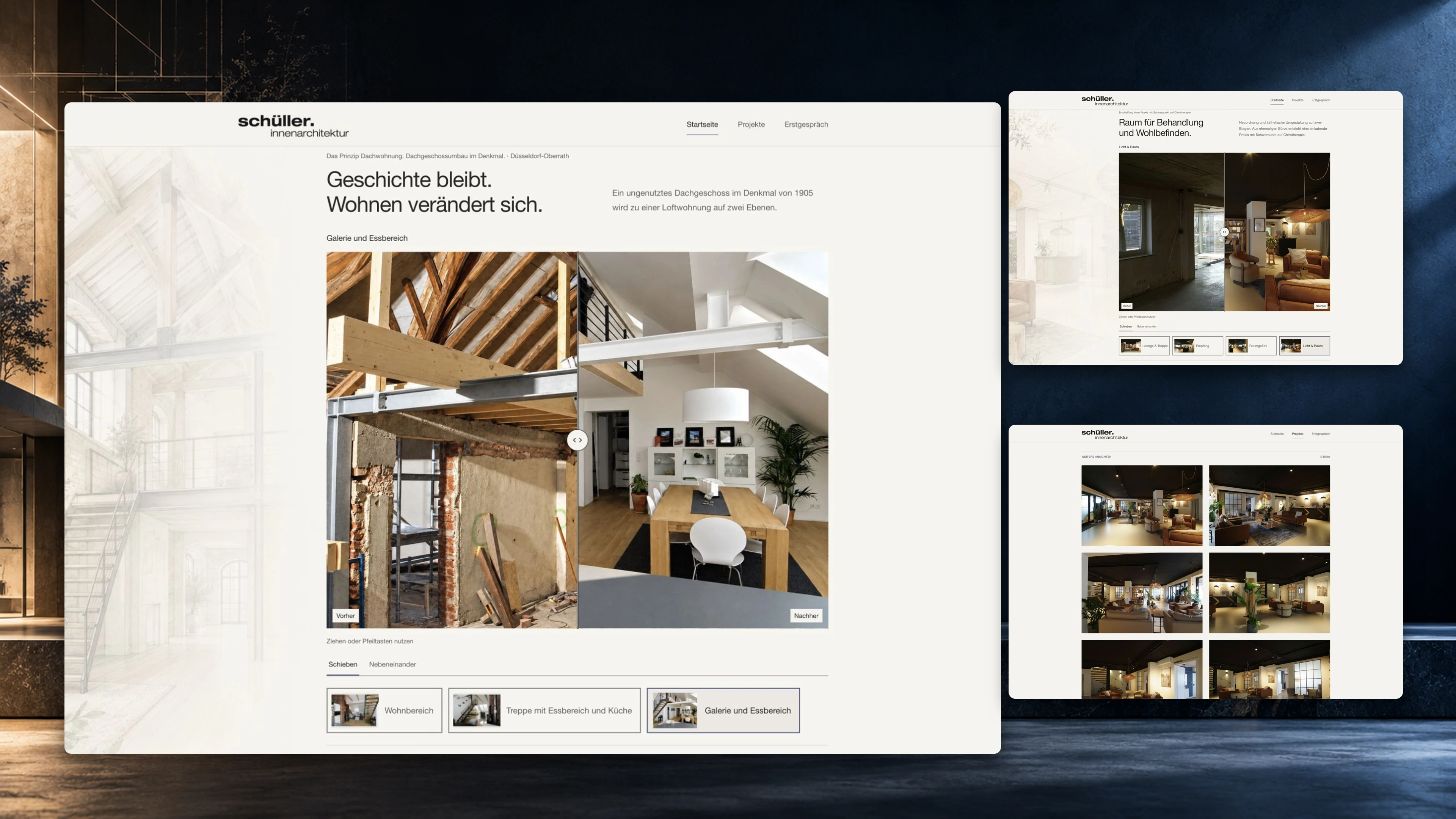 Von PDS gestaltete Website für Bernd Schüller: echte Vorher-Nachher-Vergleiche, Architekturzeichnungen und die Projektgalerie in einer kuratierten Präsentation