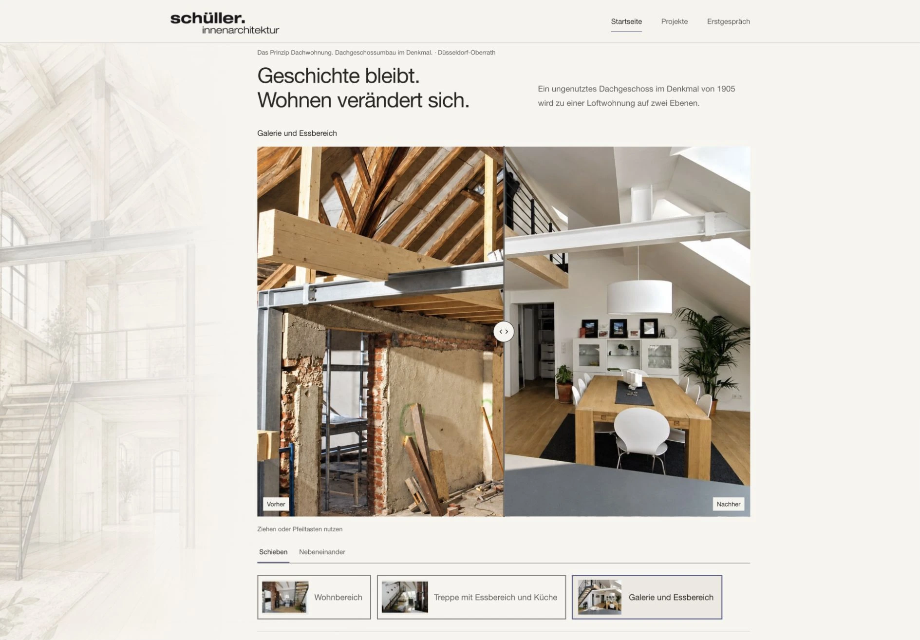 Echter Website-Ausschnitt: Dachgeschoss vor und nach dem Umbau, mit heller Architekturzeichnung links