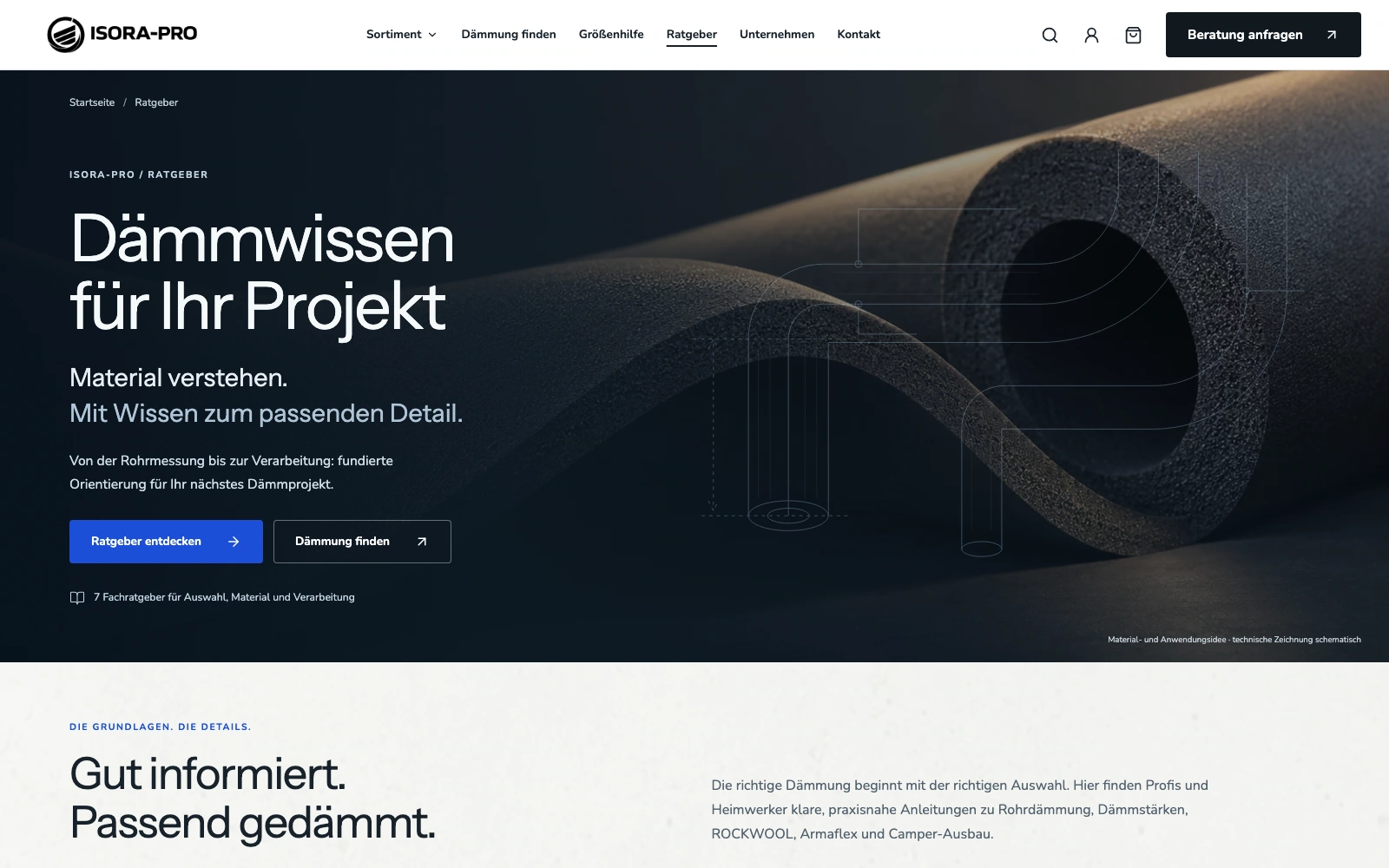 Echter Ratgeberbereich von ISORA-PRO mit Dämmwissen und technischen Materialdetails