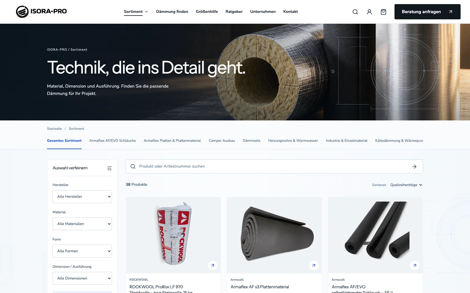 Echter ISORA-PRO-Onlineshop mit Produktauswahl, Materialfiltern und Dämmprodukten