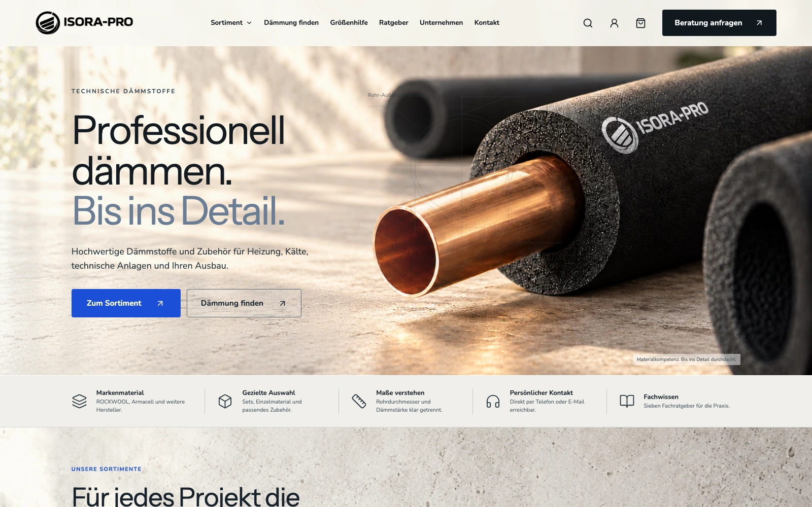 Echte Startseite von ISORA-PRO mit Kupferrohr, Dämmung und Zugang zum Sortiment
