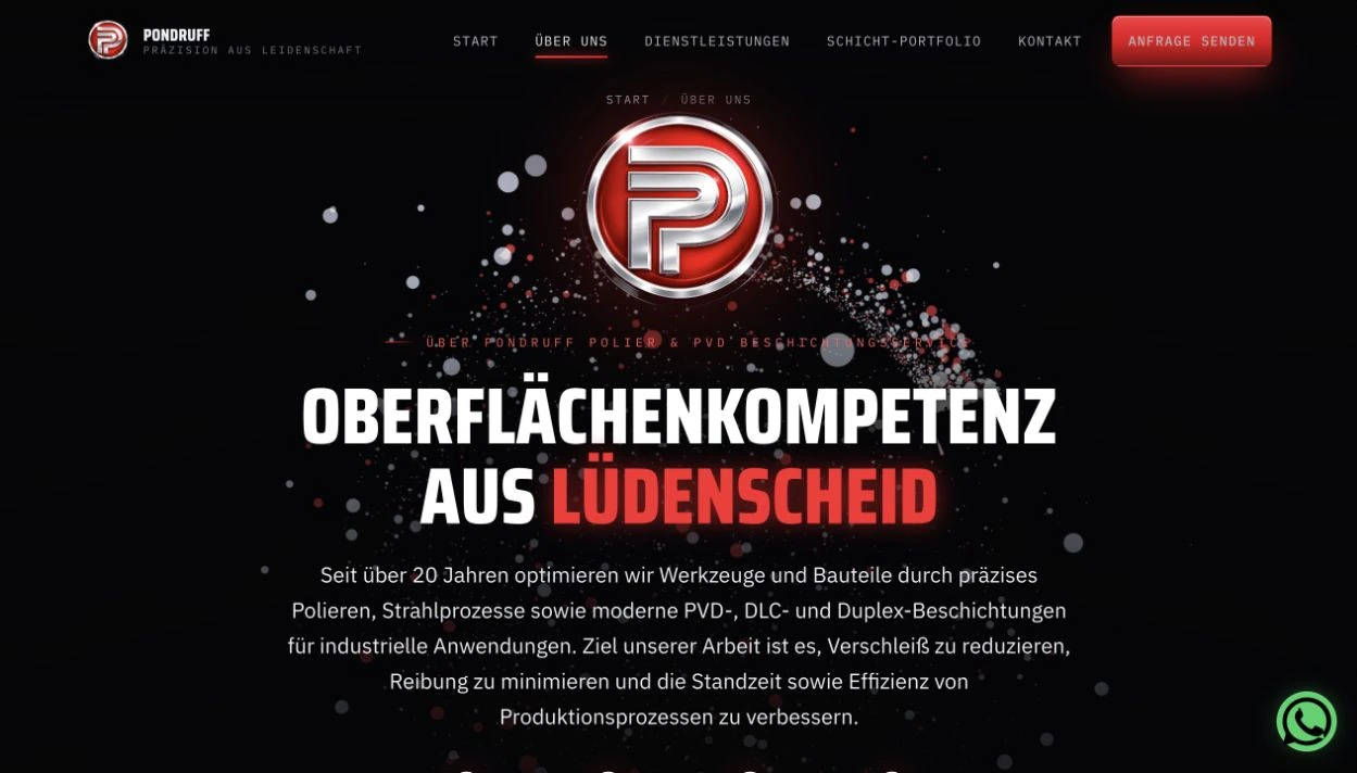 Pondruff-Unternehmensseite mit markantem Logo und Oberflächenkompetenz aus Lüdenscheid