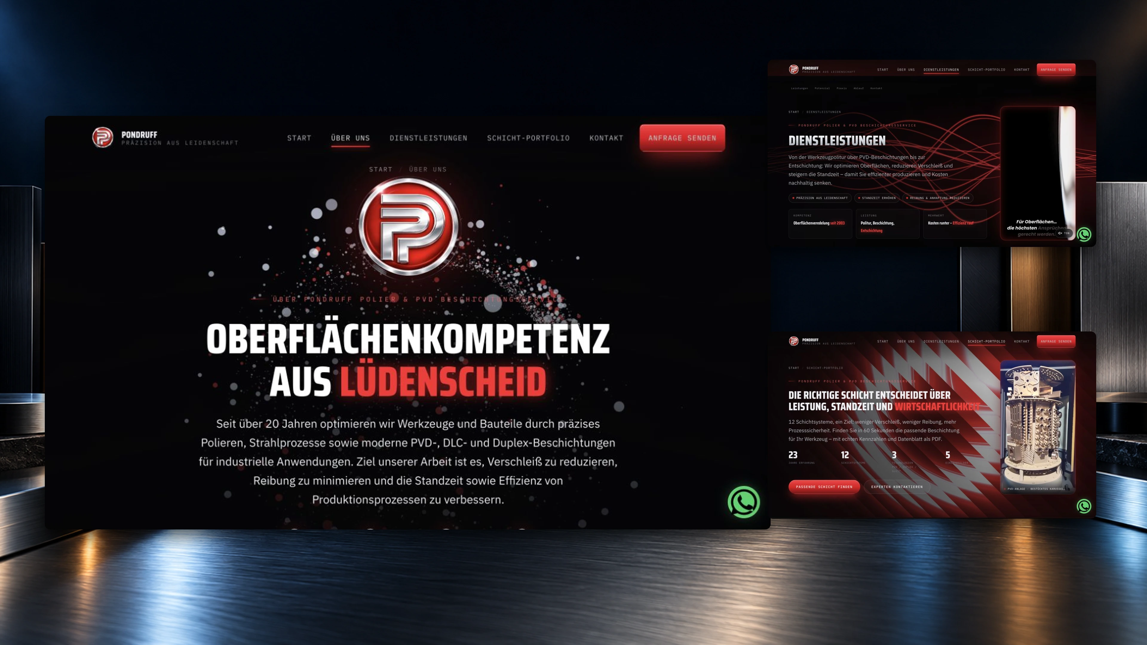 Pondruff: echte Website-Ausschnitte von Markenauftritt, Dienstleistungen und Schicht-Portfolio vor einer metallischen Kulisse