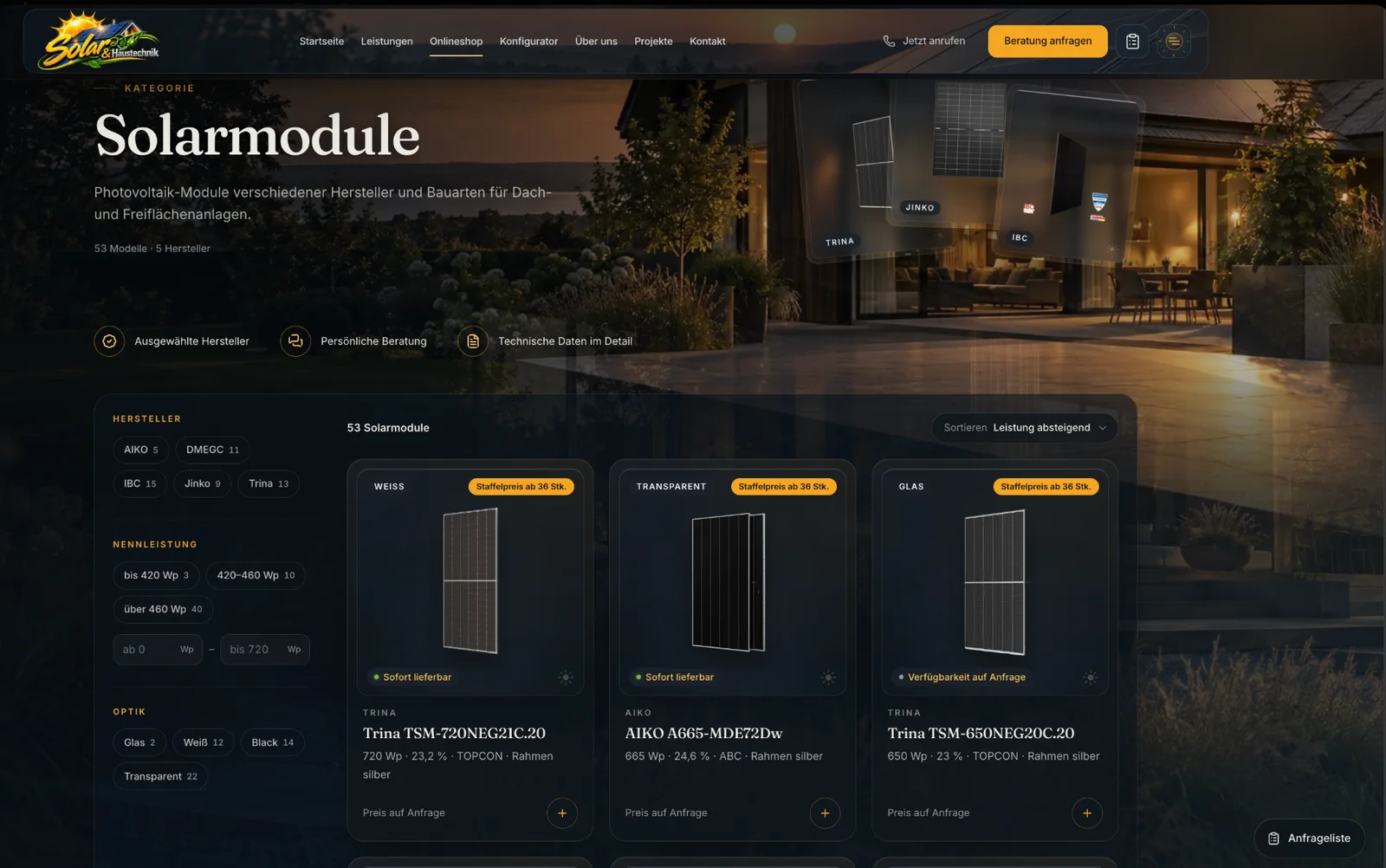 Online-Shop für Solar & Haustechnik mit Solarmodulen — Online-Shop und Konfigurator von Petersen Digital Solutions