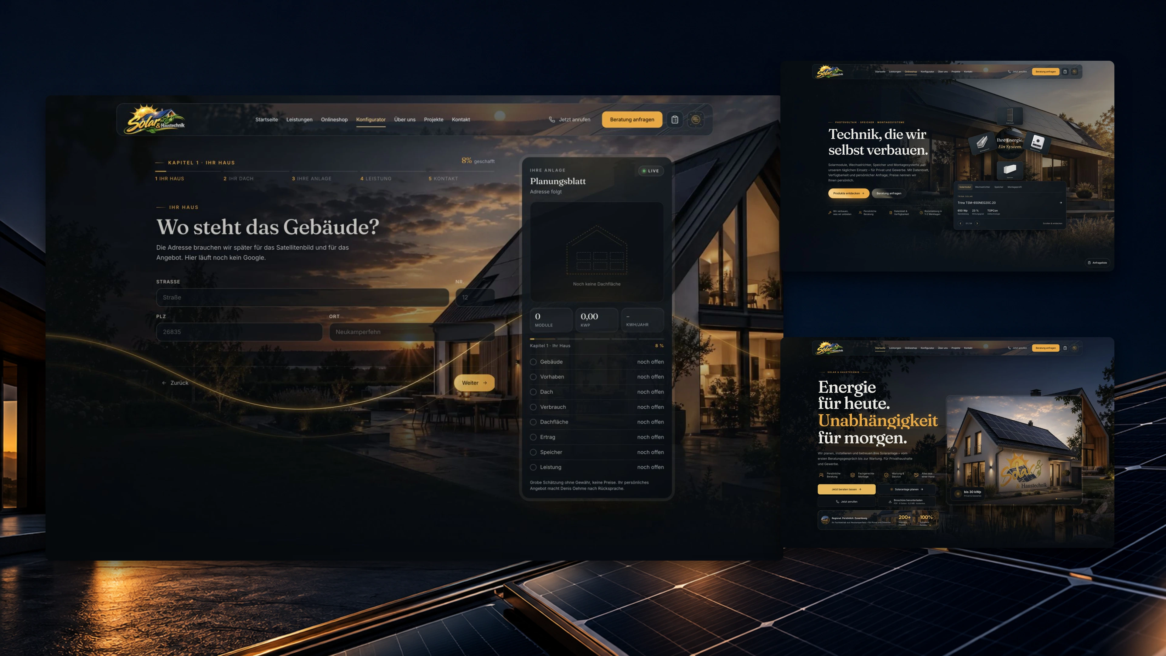 Solar & Haustechnik: echte Website-Ansichten von Konfigurator, Onlineshop und Startseite vor einer Solardach-Kulisse