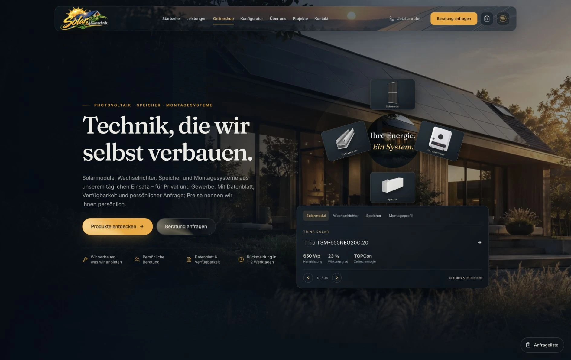 Onlineshop von Solar & Haustechnik mit Produktbühne und Photovoltaik-Technik