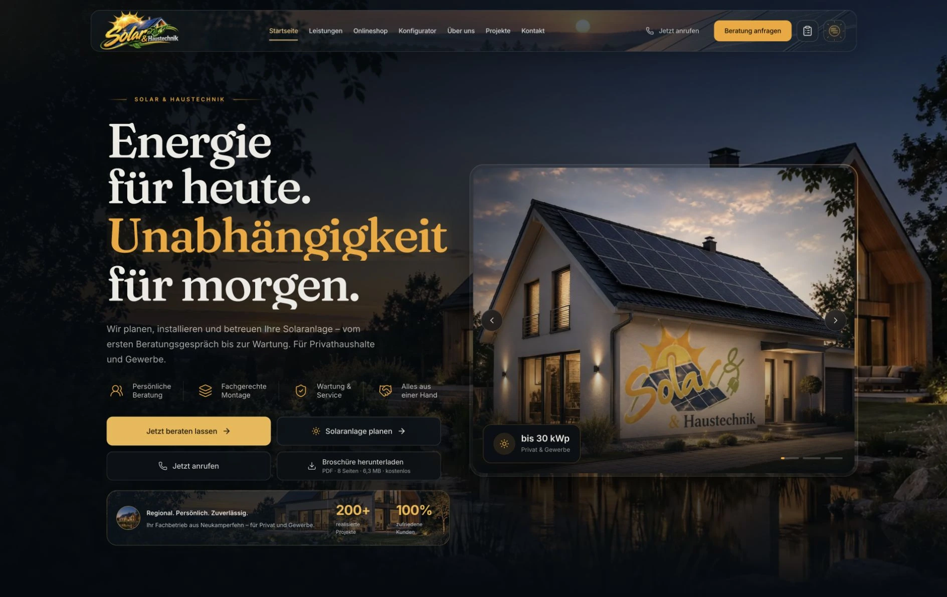 Startseite von Solar & Haustechnik mit Solardach, warmem Abendlicht und direktem Weg zur Beratung